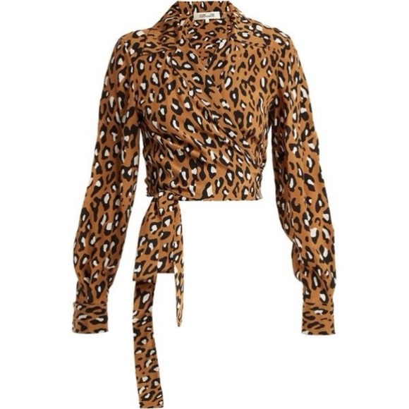 Diane Von Furstenberg Wrap Top Cropped 100% Silk 0 Leopard Animal Print - Picture 1 of 6